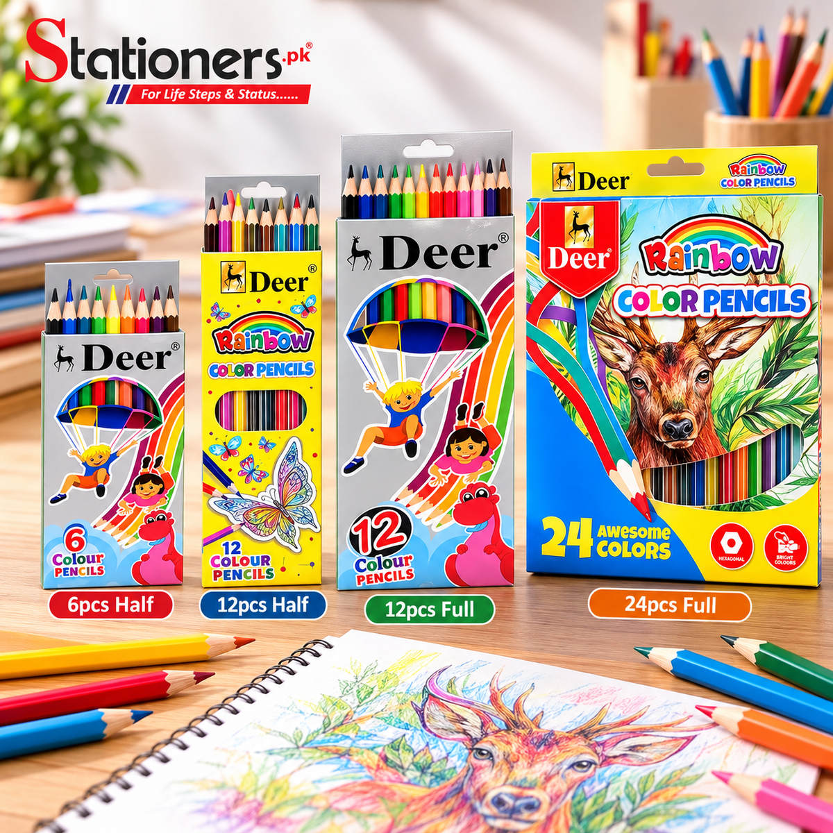Deer Rainbow Colour Pencils – 6pcs Half, 12pcs Half, 12pcs Full & 24pcs Full