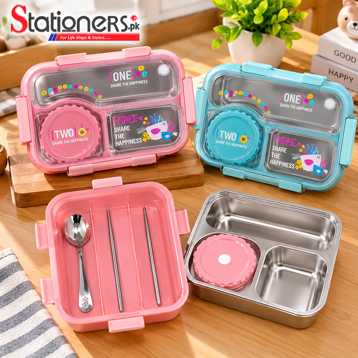 3-Compartment Stainless Steel Lunch Box with Spoon & Chopsticks – Pink & Blue