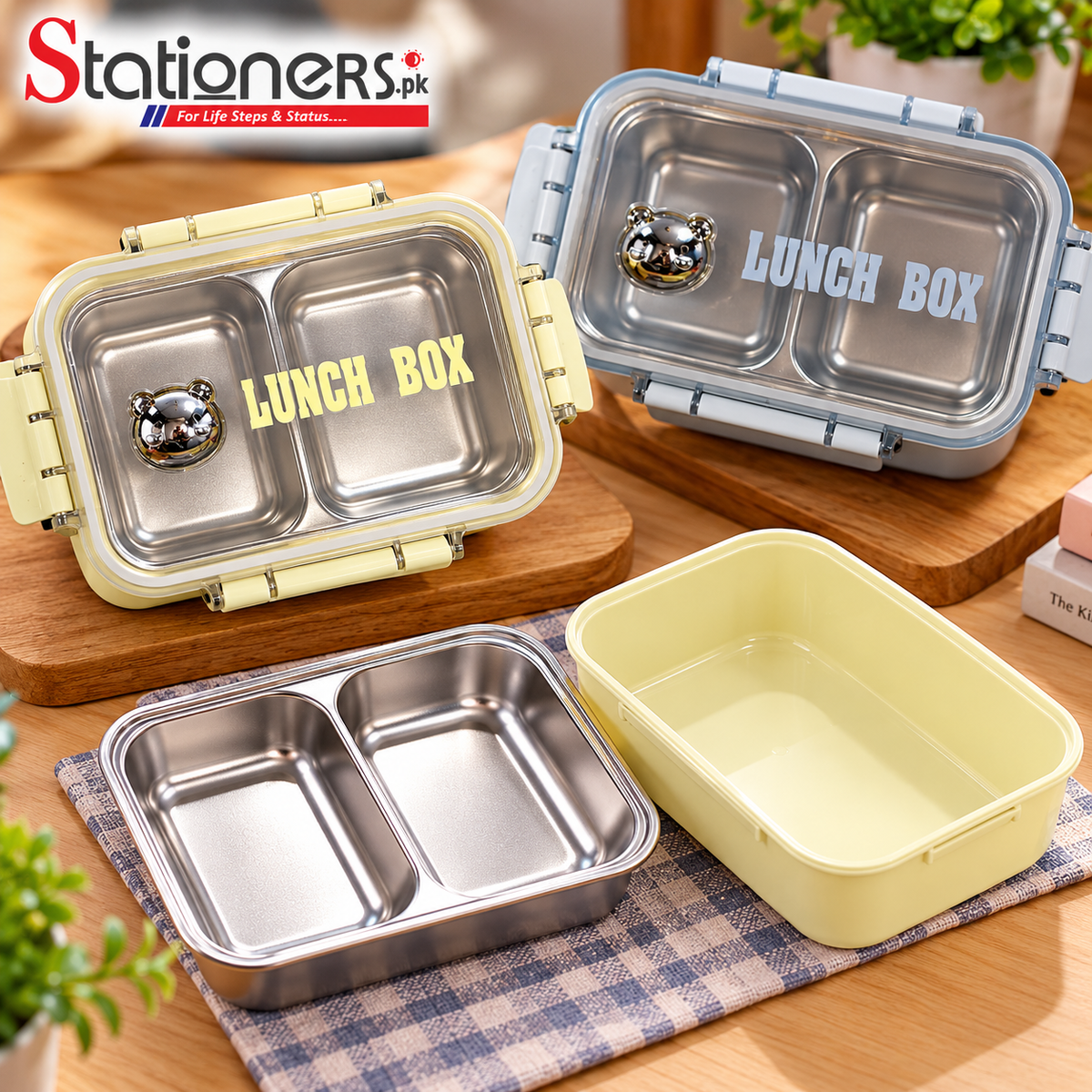 Stainless Steel Lunch Box with 2 Compartments, Transparent Lid & Secure Lock – Cream Yellow & Blue
