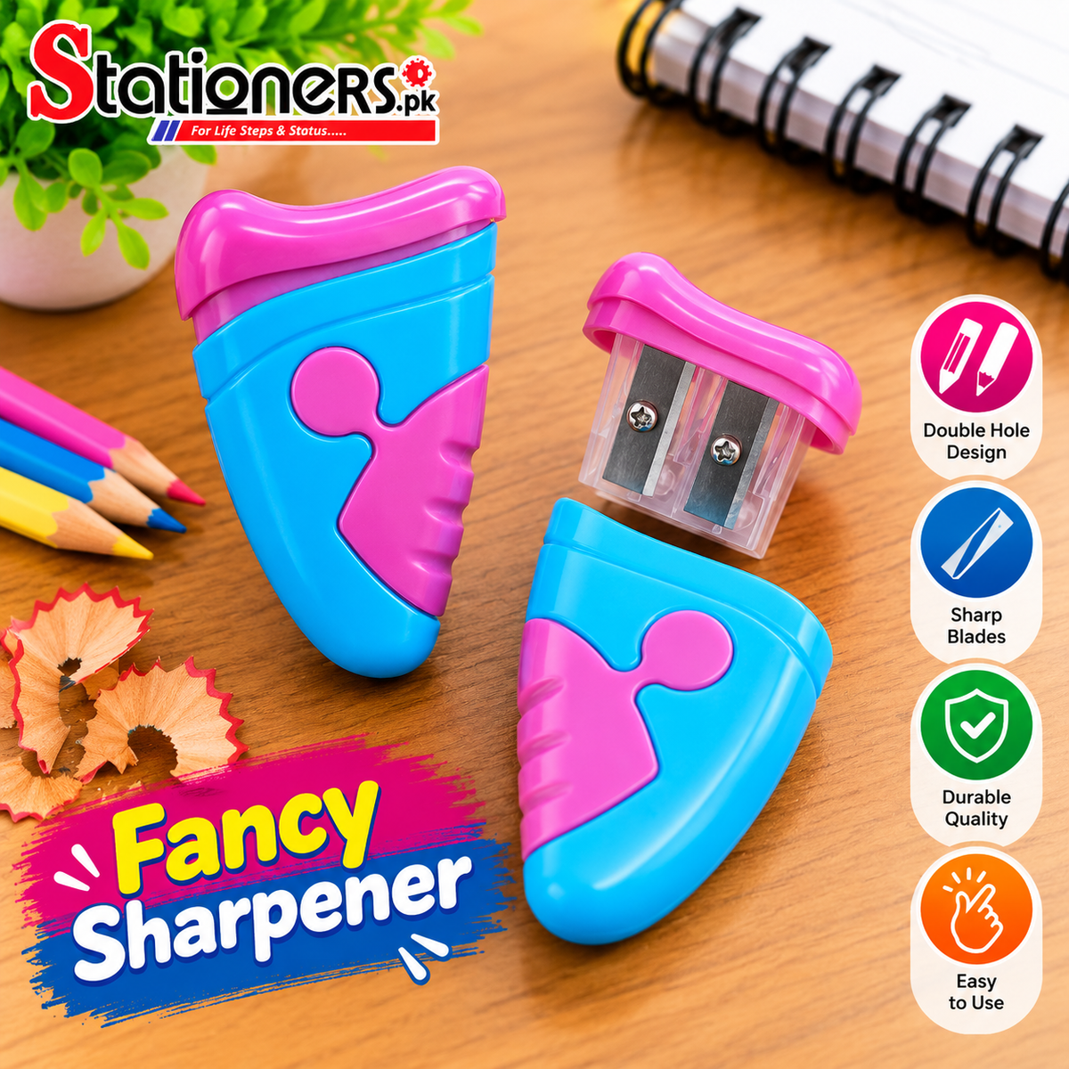 Fancy Double Hole Pencil Sharpener – Pink & Blue Ergonomic Design