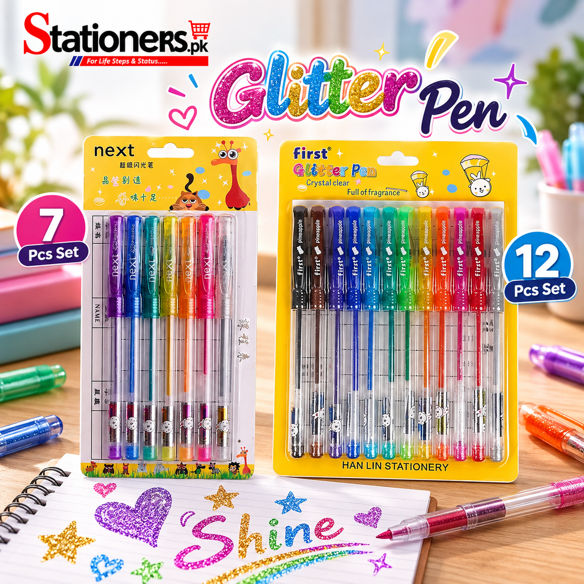 Glitter Pen Set – 7 Pcs & 12 Pcs | Colorful Glitter Gel Pens for Writing, Drawing & Craft