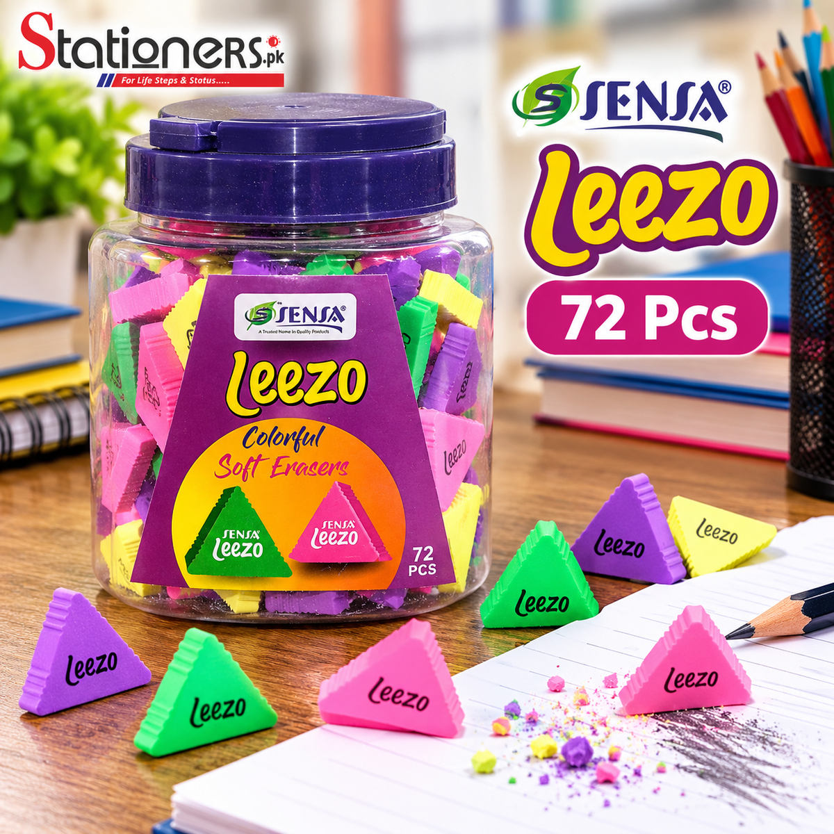 SENSA Leezo Colorful Soft Triangle Erasers 72 Pcs Jar – Multicolor Pencil Erasers