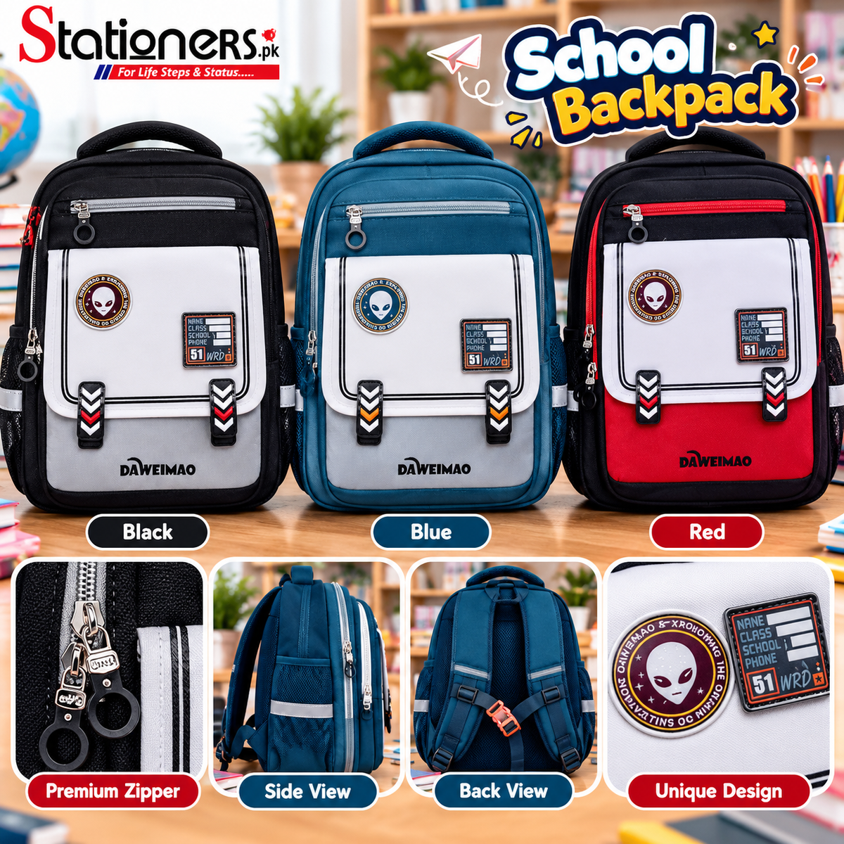 DAWEIMAO School Backpack – Black & Red with White Front Pocket
