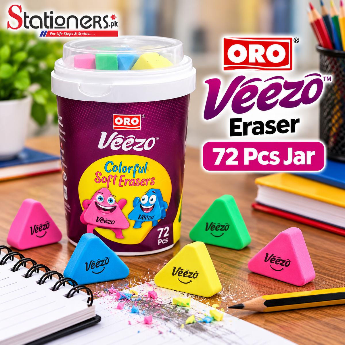 ORO Veezo Colorful Soft Triangle Erasers 72 Pcs Jar – Multicolor Pencil Erasers