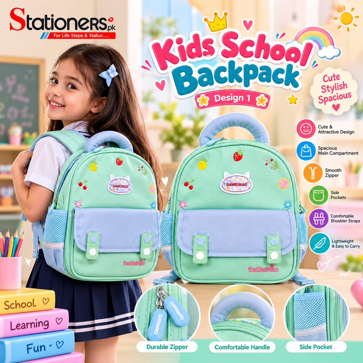 Kids School Backpack – Pink & Lavender Color Combination | Cute Design with Side Pockets