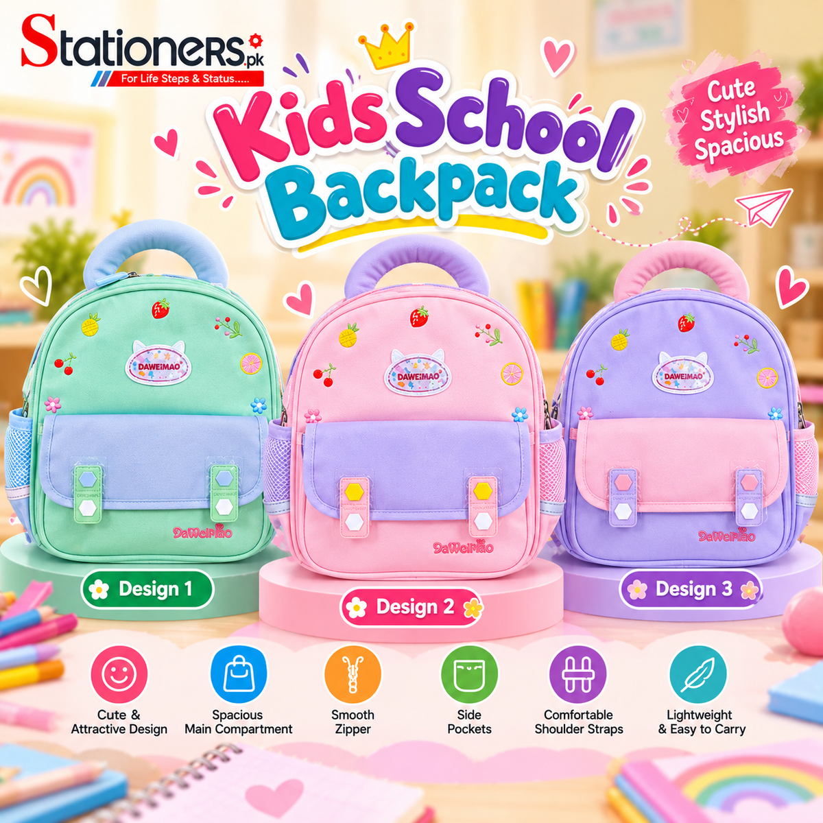 Kids School Backpack – Pink & Lavender Color Combination | Cute Design with Side Pockets