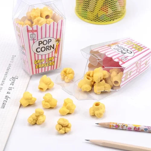 Cute Popcorn Shape Grip Cap Pencil Erasers Pack of 12