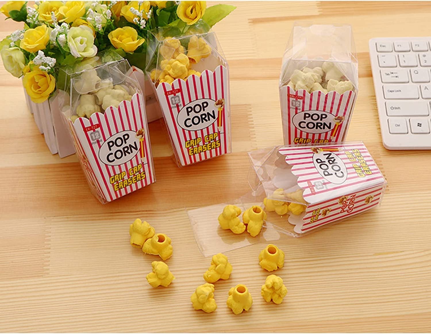 Cute Popcorn Shape Grip Cap Pencil Erasers Pack of 12