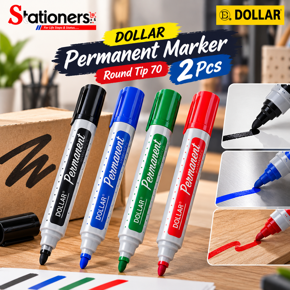 Dollar Permanent Marker Round Tip 70 – 2 Pcs | Blue, Black, Green & Red