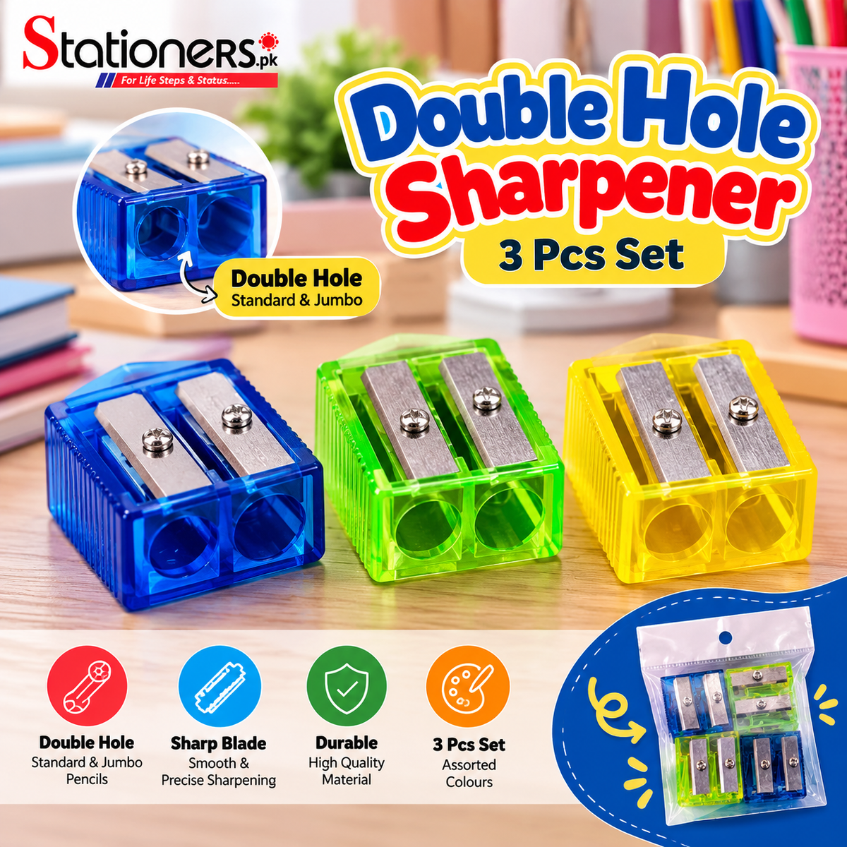 Double Hole Sharpener – 3 Pcs Set | Standard & Jumbo Pencil Sharpener