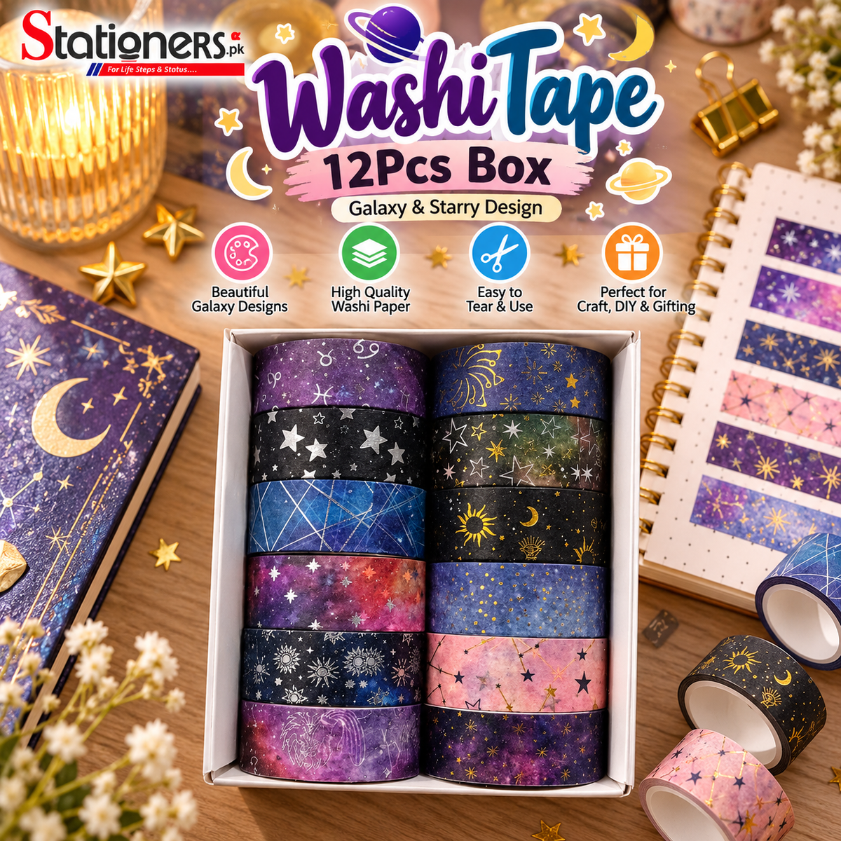 Washi Tape 12 Pcs Box – Galaxy & Starry Design Decorative Paper Tape Set for Journaling, Scrapbooking & DIY Crafts