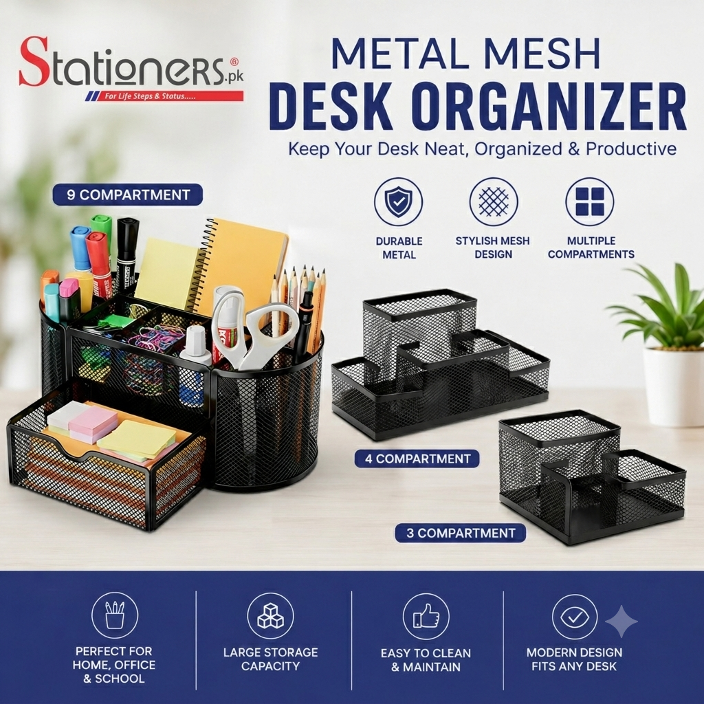 Metal Mesh Desk Organizer Set | 3, 4 & 8 Compartment Pen Holder | Office Desk Organizer | Stationery Storage Rack | Home, School & Office