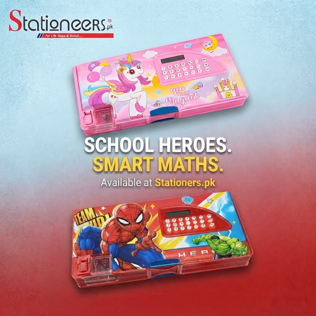 Kids Unicorn & Superhero 2-in-1 Pencil Box with Calculator & Sharpener