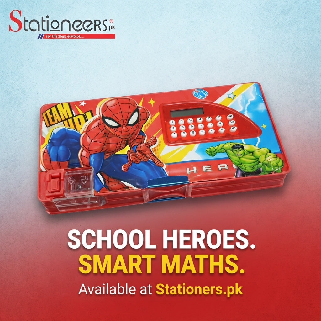 Kids Unicorn & Superhero 2-in-1 Pencil Box with Calculator & Sharpener