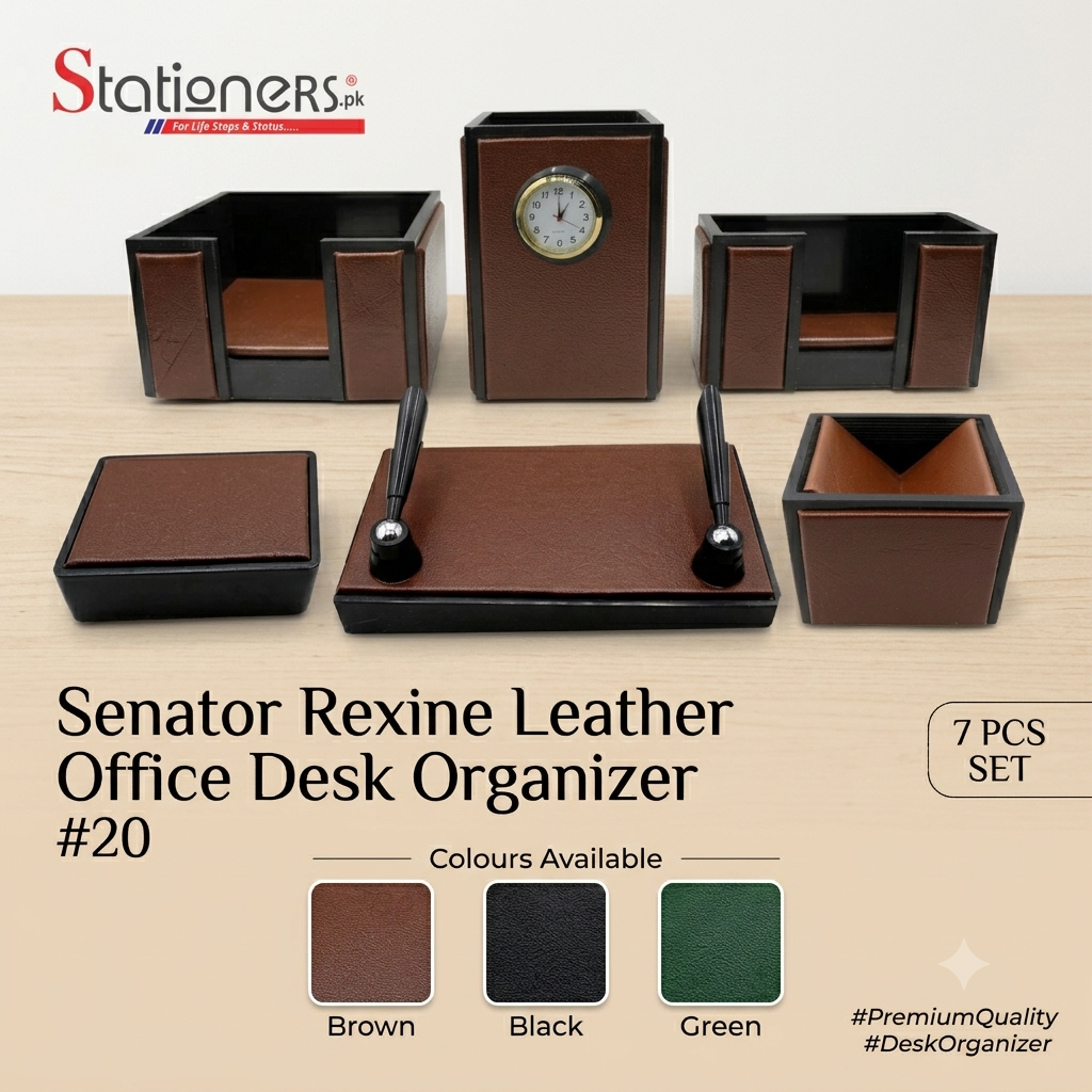 Senator Rexine Leather Office Desk Organizer #20 | 7 PCS Executive Desk Set with Watch | Premium Office Table Accessories | Brown, Black & Green