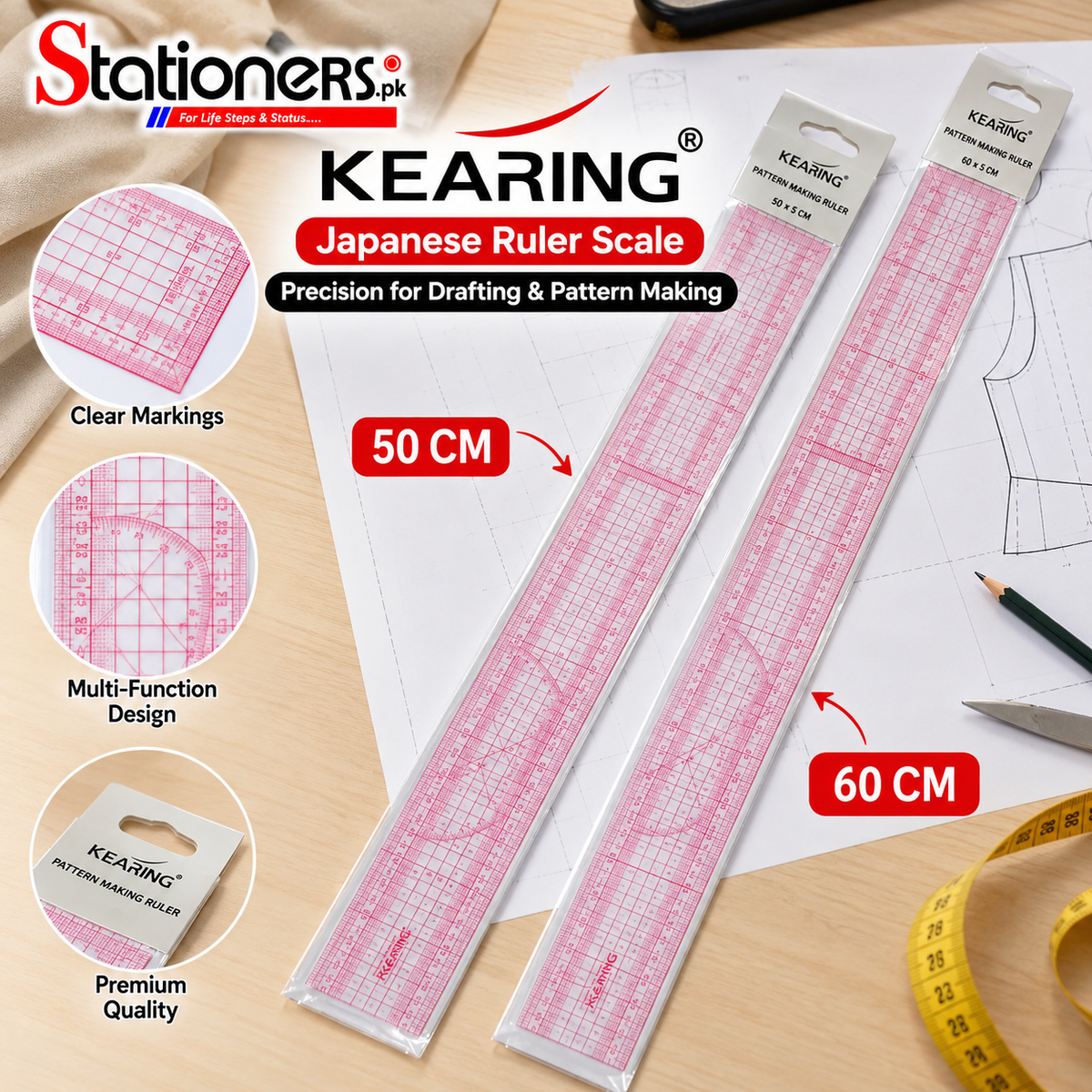 Kearing Japanese Ruler Scale 50CM & 60CM – Transparent Pattern Making Ruler for Sewing, Fashion Design & Drafting