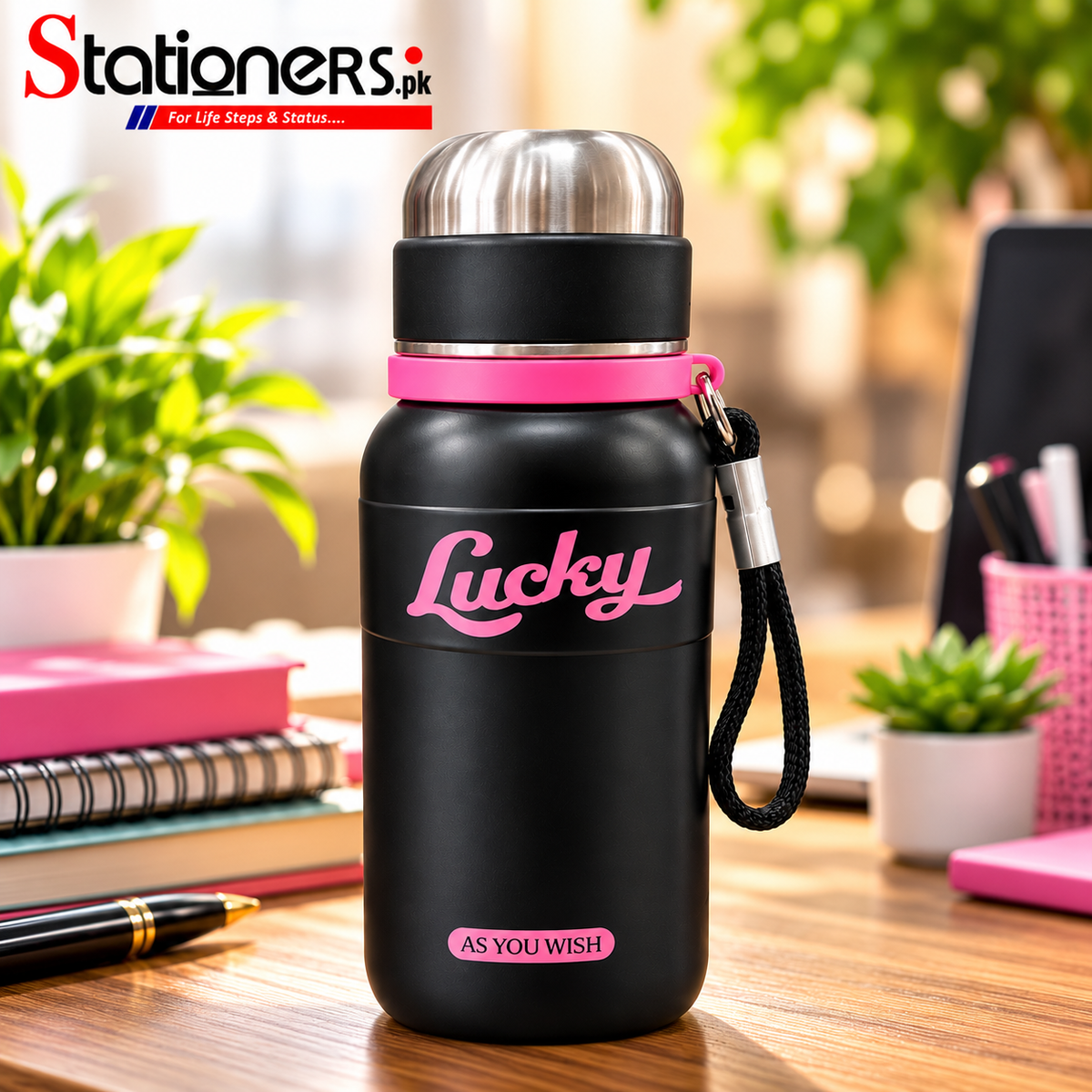 Lucky Insulated Stainless Steel Bottle – Black & Pink with Carrying Strap