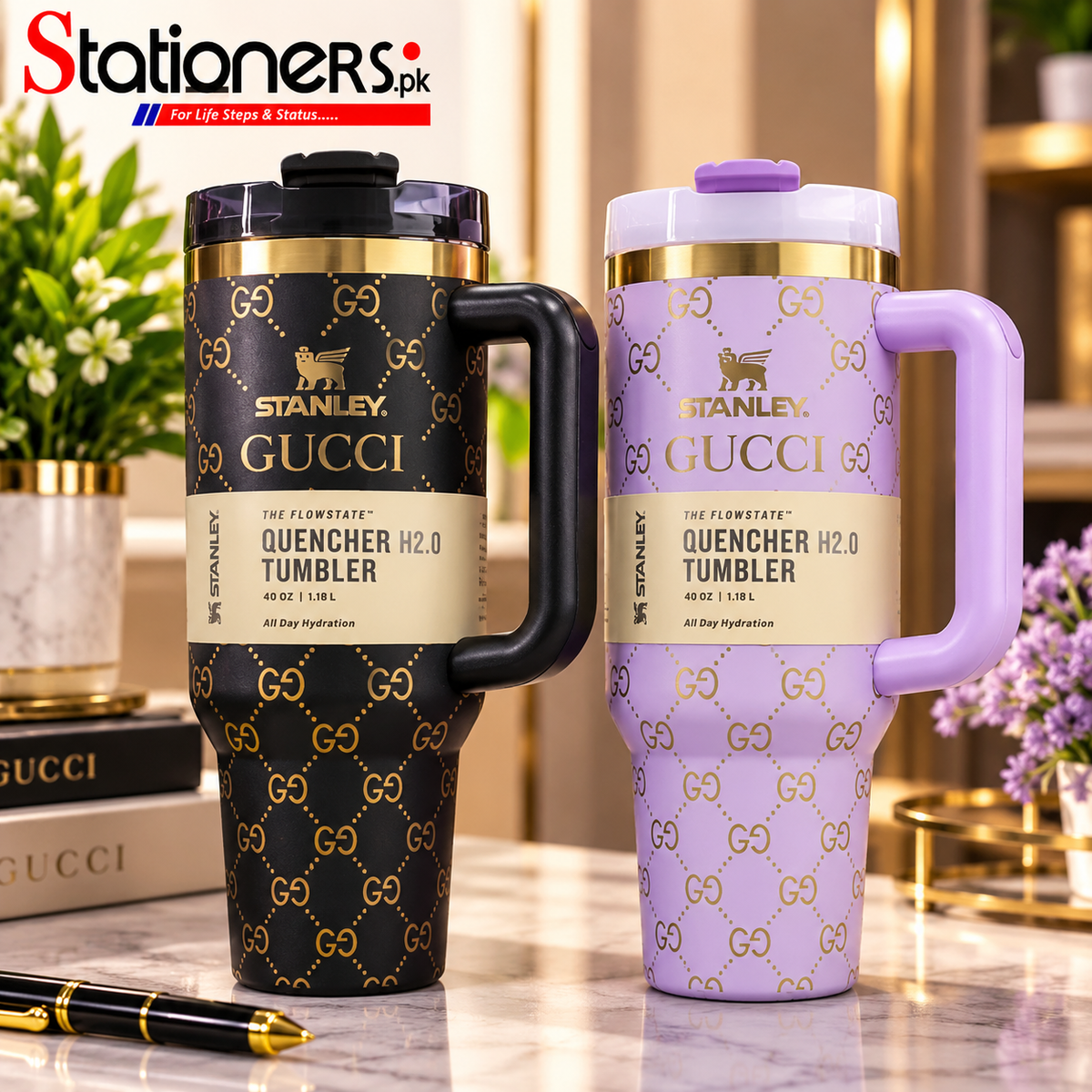 Tumbler with Handle – Black & Lavender Designer Pattern