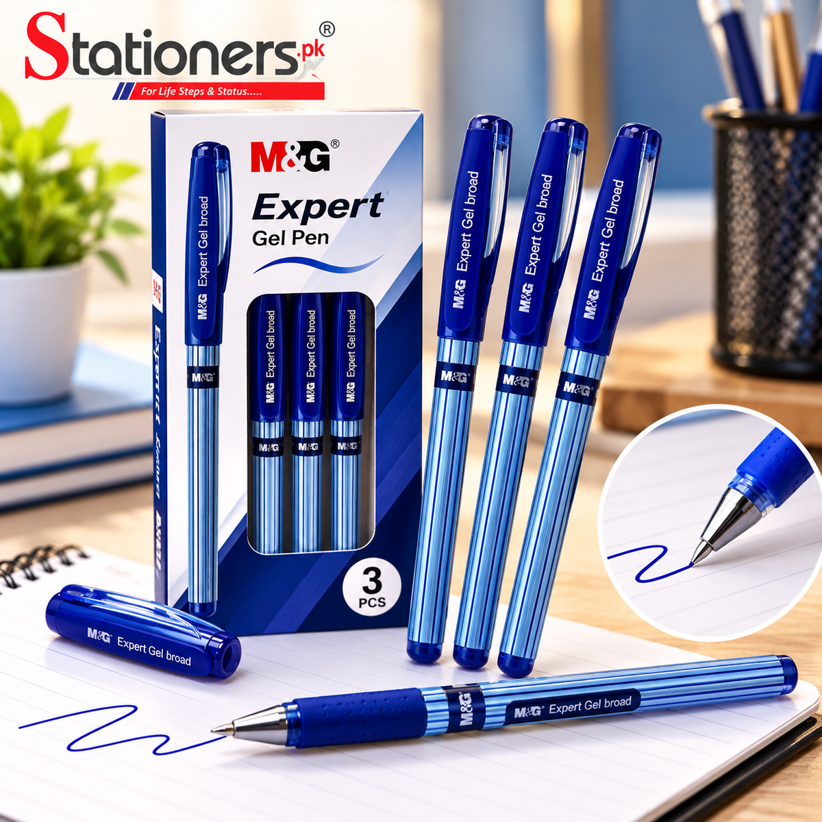 M&G Expert Gel Pen Blue – Pack of 3 | Broad Tip Gel Pens