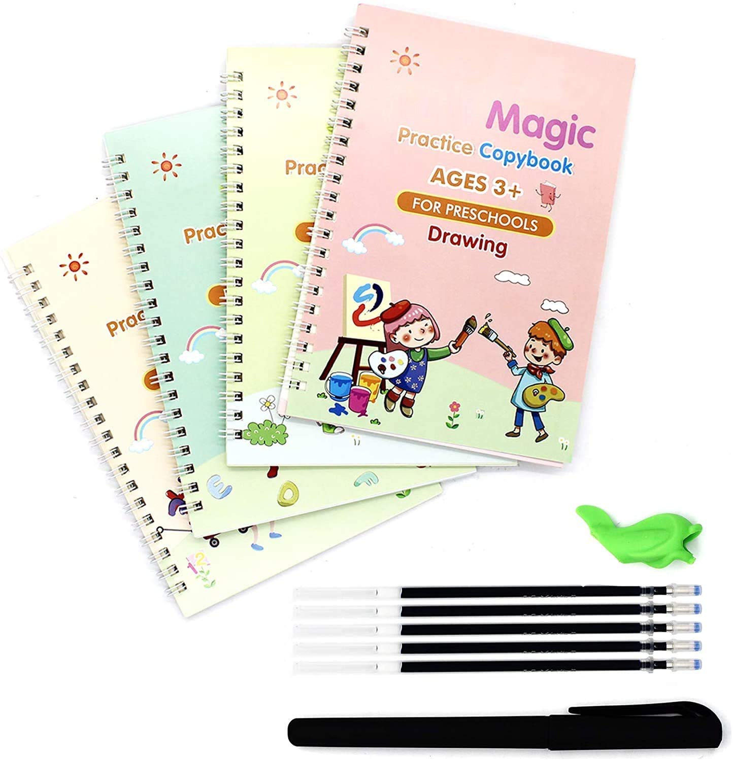 4 Pcs Magic Practice Copybook for Kids, Children's Magic Copybooks, Handwriting English Practice Book Reusable Magical Practice Copy Books with Pen