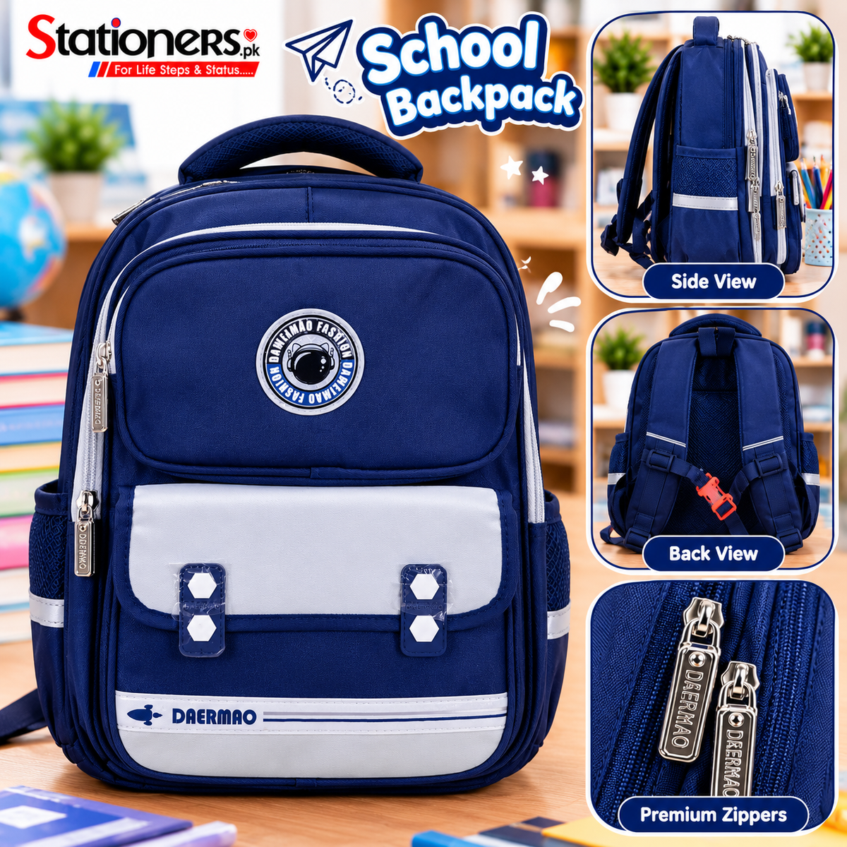 Daermao Kids' Backpack – Black & White, Durable, Lightweight, Multi-Pocket, Waterproof School Bag for Boys & Girls with Astronaut Design