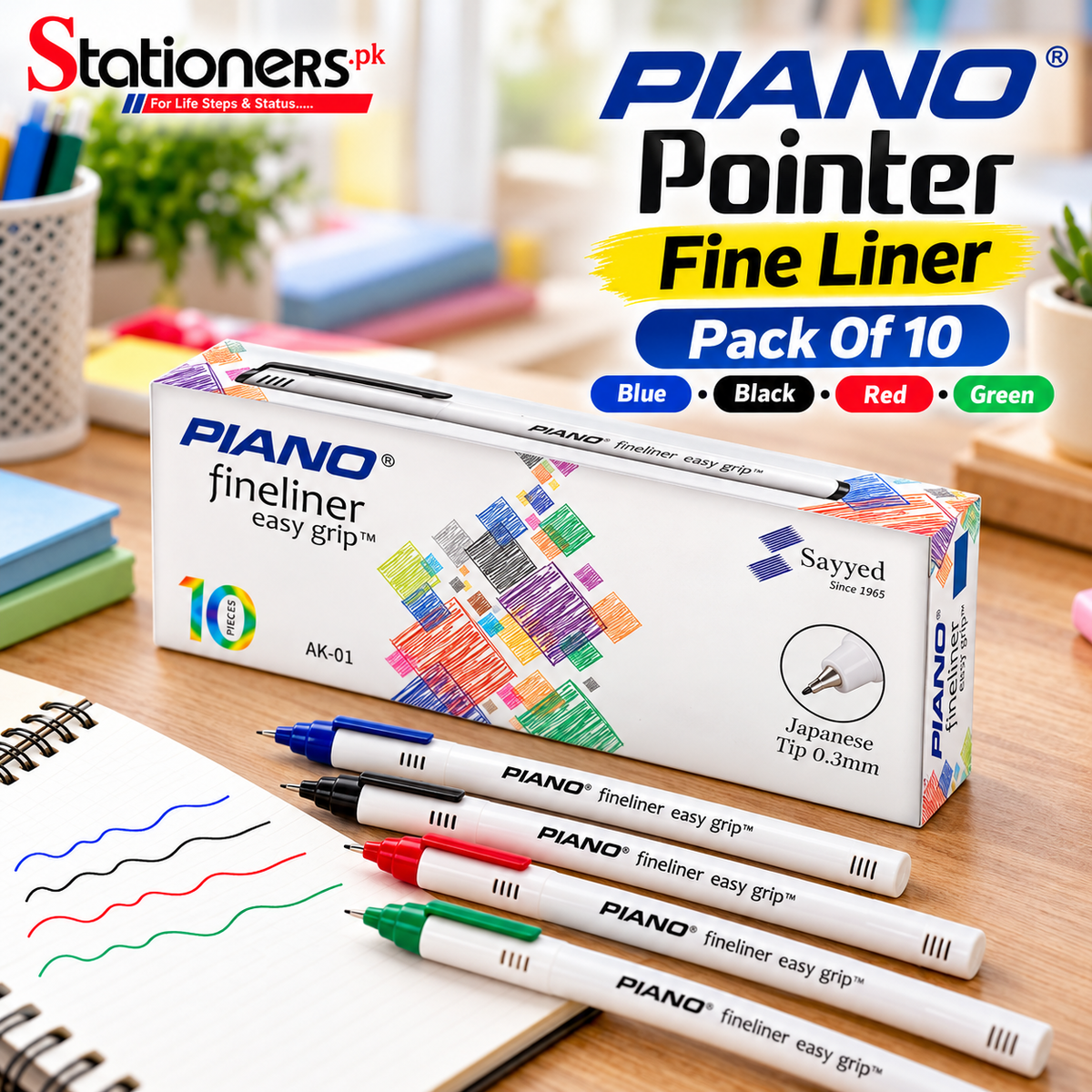 PIANO Pointer Fine Liner Pens 0.3mm Pack of 10 – Blue, Black, Red & Green