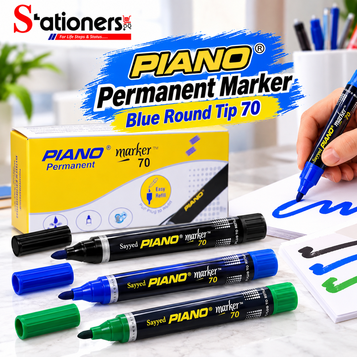 Piano Permanent Marker 70 Round Tip – Black, Blue & Green 2Pcs