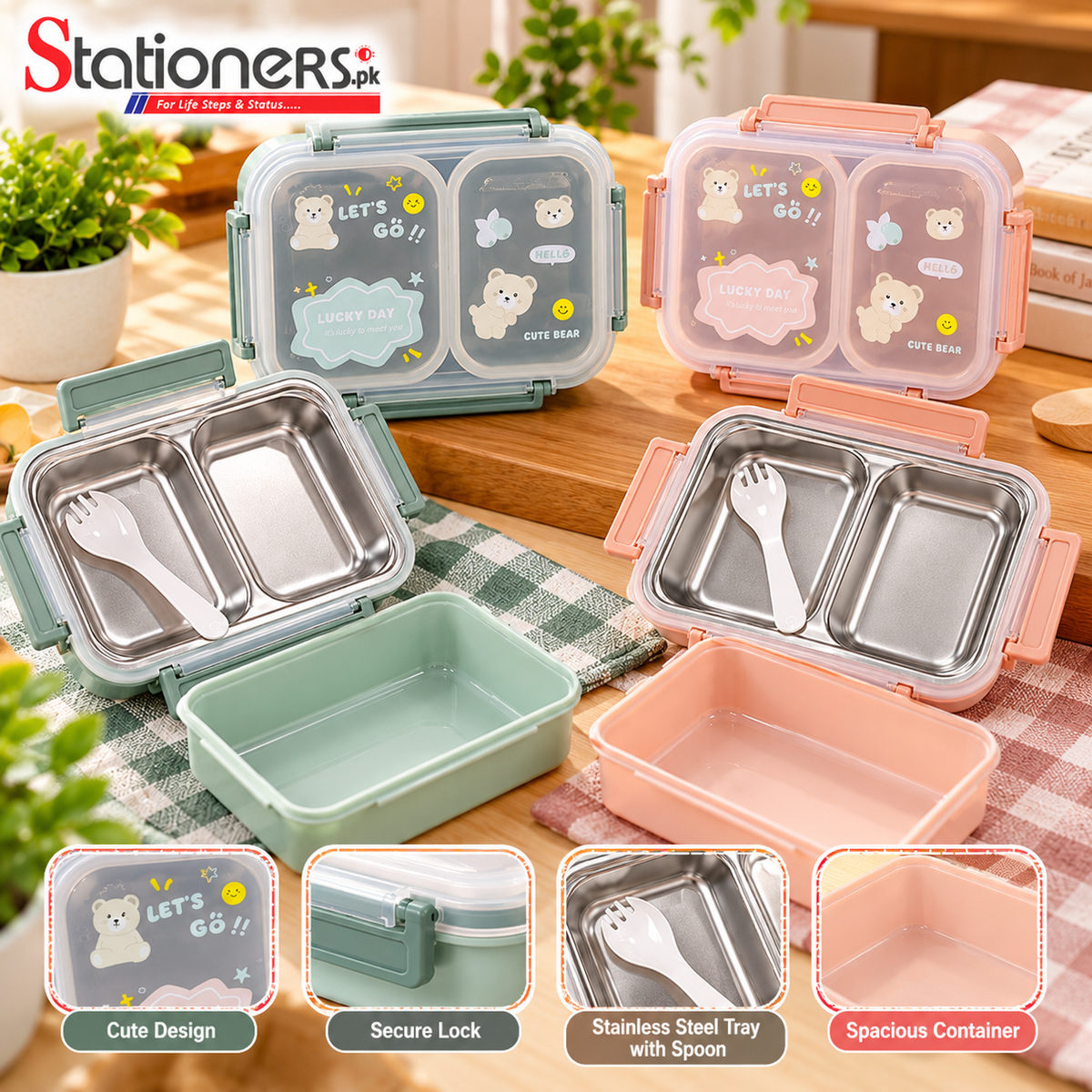 Cute Bear Stainless Steel Lunch Box with Spoon, Divided Food Tray & Secure Lock – Peach & Mint Green