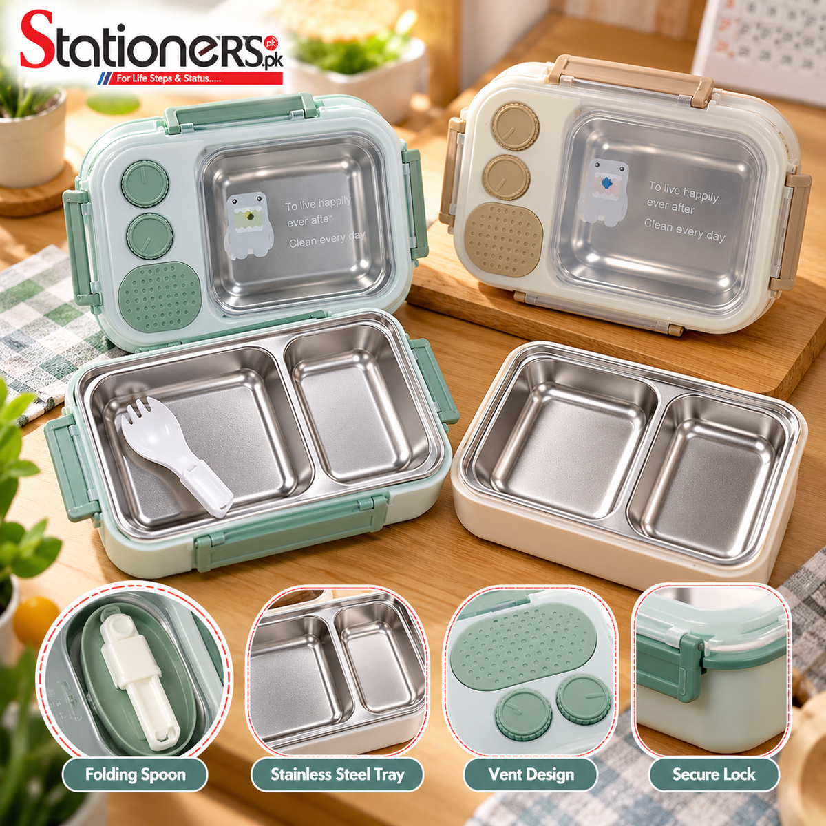 Stainless Steel Bento Lunch Box with Folding Spoon, 2 Compartments & Secure Lock – Mint Green & Beige