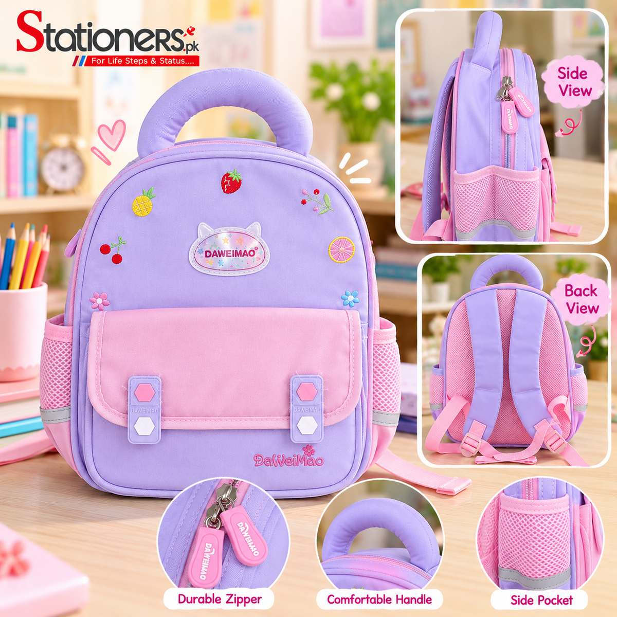 Kids School Backpack – Pink & Lavender Color Combination | Cute Design with Side Pockets