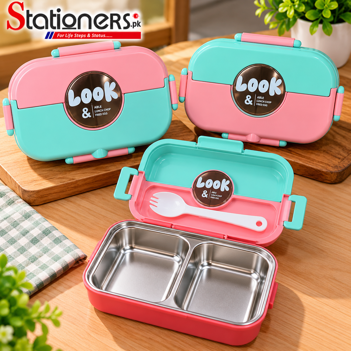 Look & Able Stainless Steel Lunch Box for Kids – 2 Compartments with Spoon-Fork, Pink & Mint Green