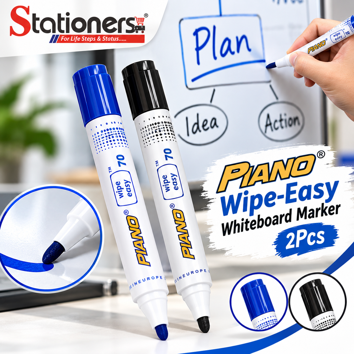 Piano Wipe-Easy Whiteboard Marker 2Pcs – Blue & Black