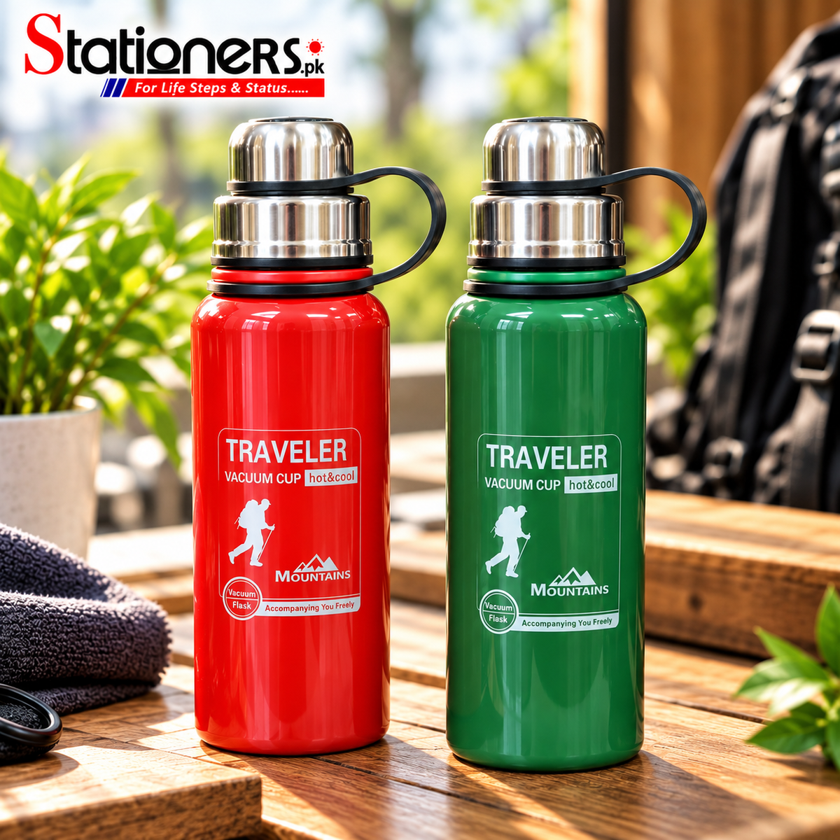 Traveler Mountains Stainless Steel Vacuum Flask – Hot & Cold Water Bottle with Carry Handle