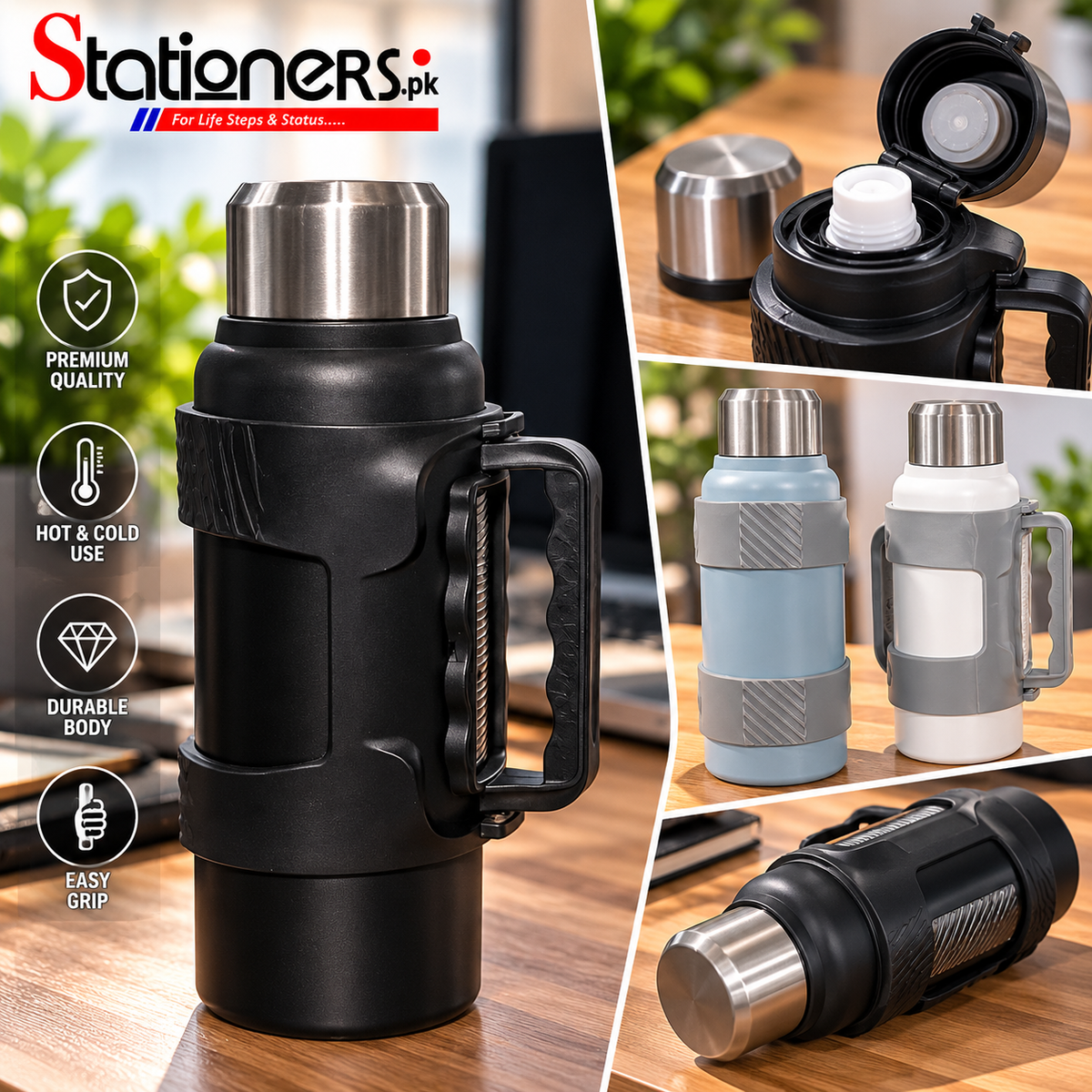 Keep Moving Stainless Steel Insulated Water Bottle with Handle – Hot & Cold Flask, Available in 4 Colors