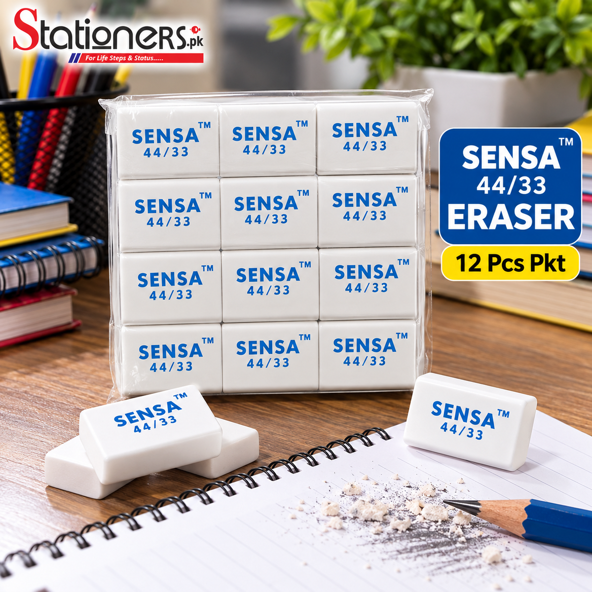 SENSA Eraser 44/33 – Pack of 12 Pcs | White Pencil Erasers for School, Office & Drawing