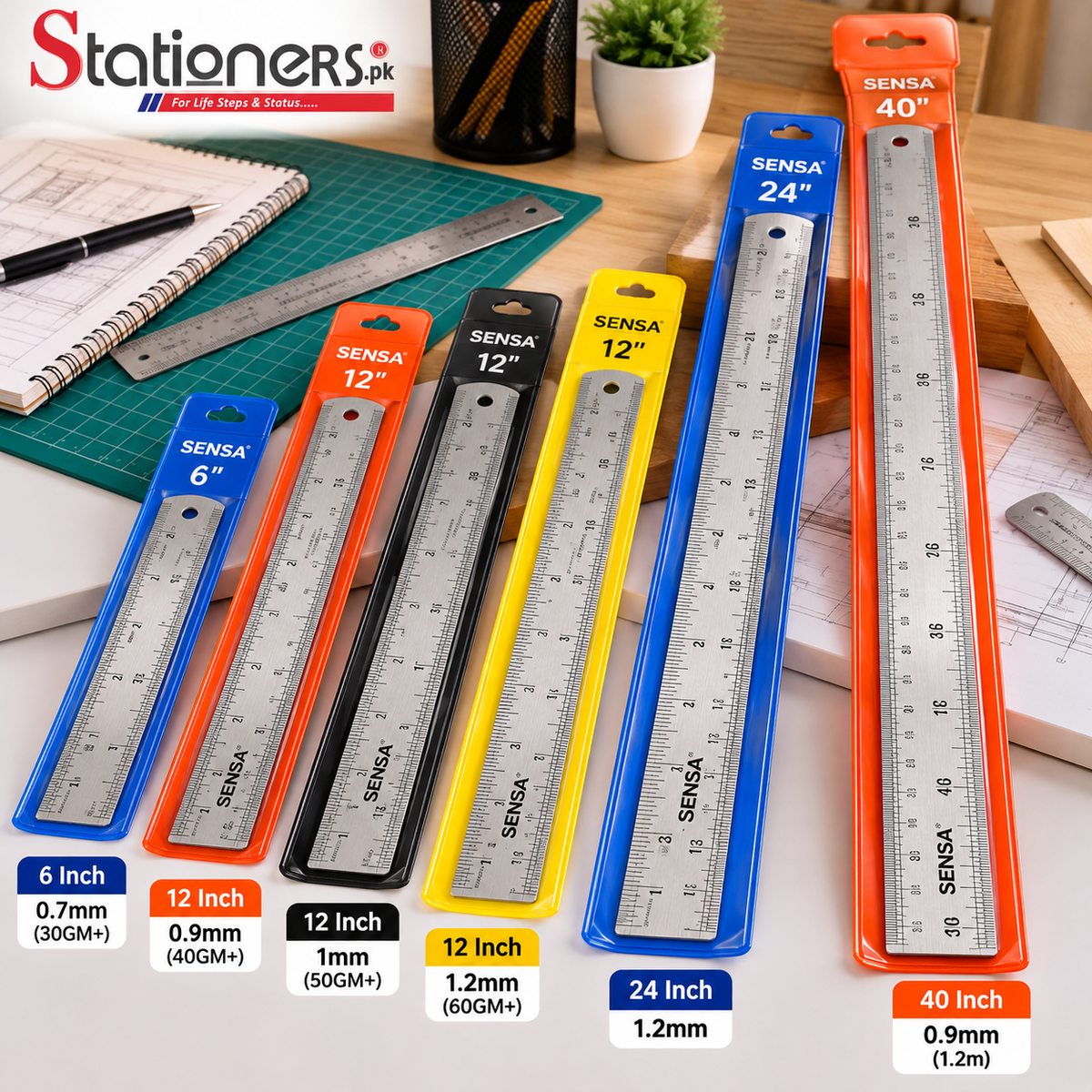 Sensa Stainless Steel Scale with Protective Color Cover – 6 Inch, 12 Inch, 24 Inch & 40 Inch