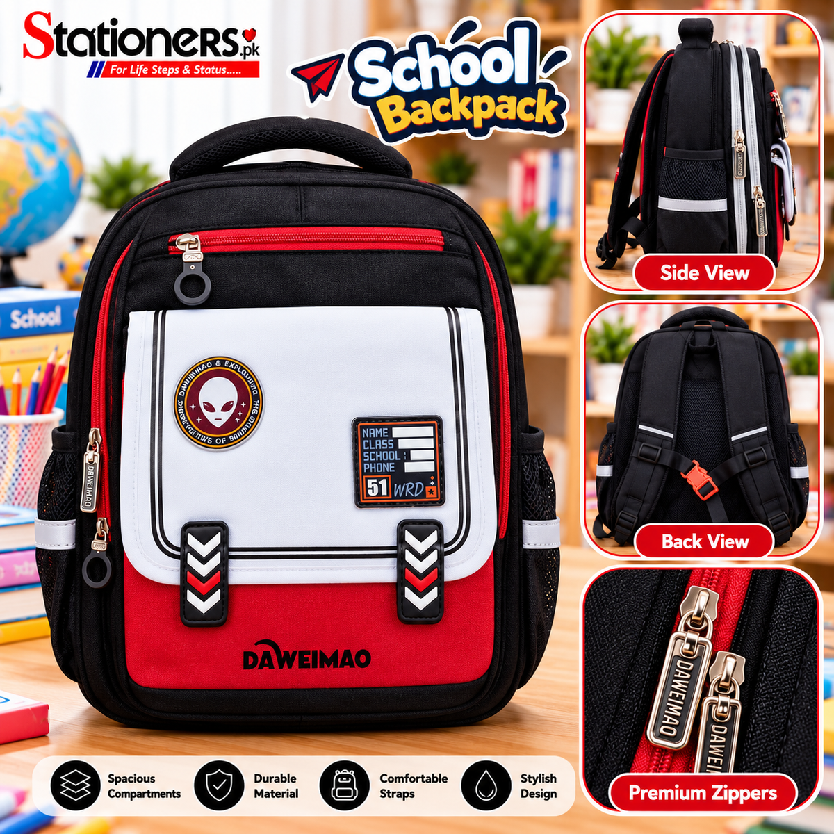 DAWEIMAO School Backpack – Black & Red with White Front Pocket