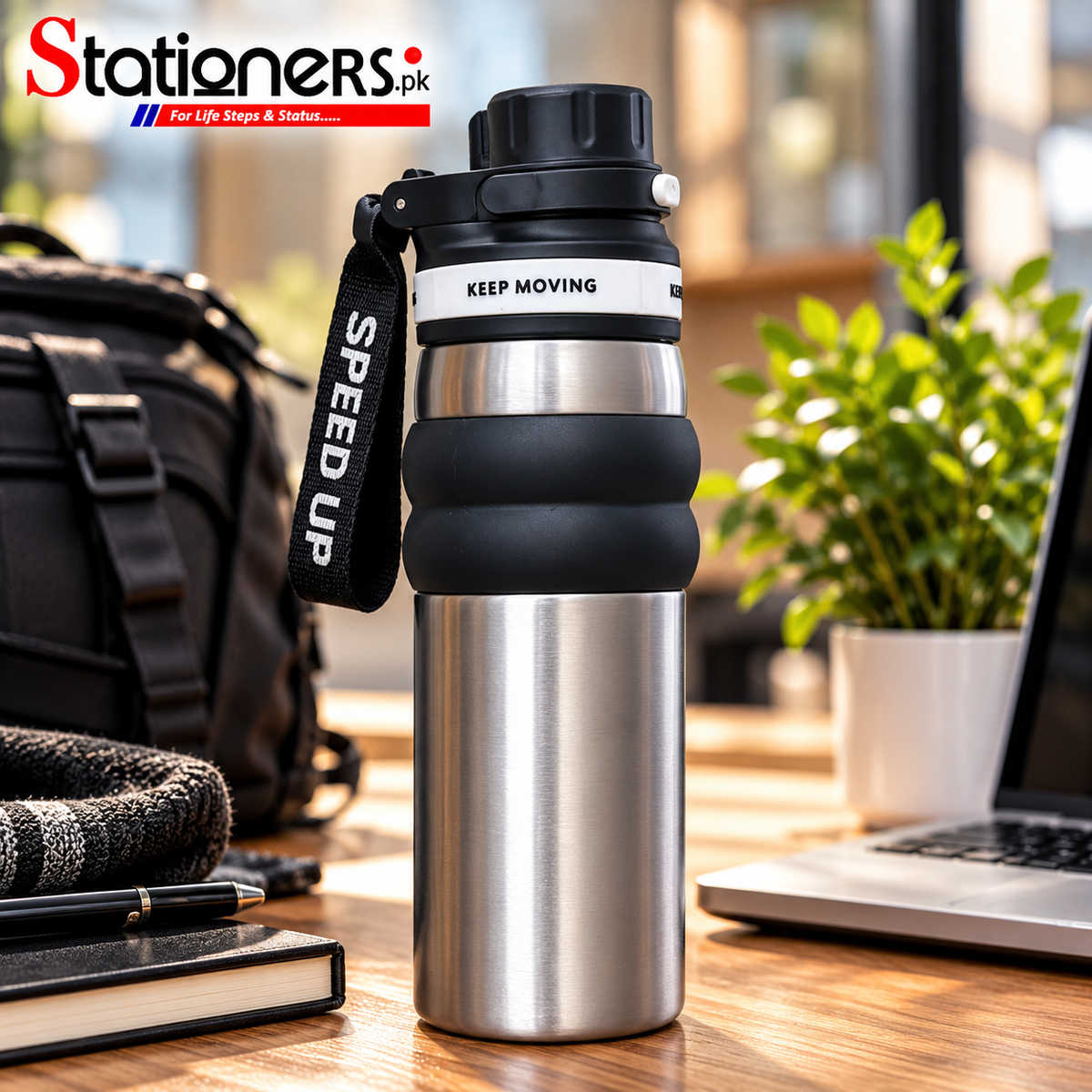 Keep Moving Stainless Steel Travel Water Bottle with Grip & Carry Strap – Silver & Black