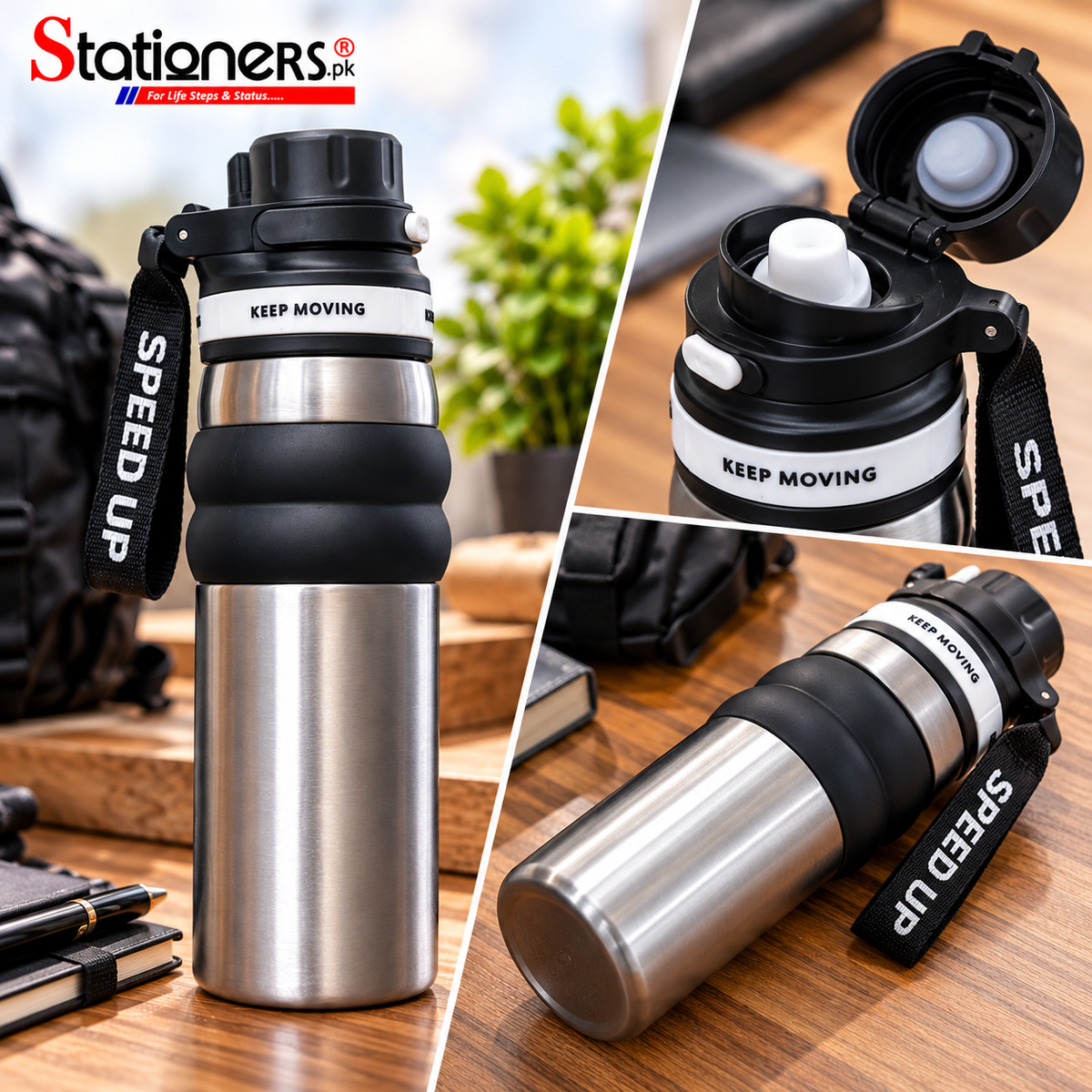 Keep Moving Stainless Steel Travel Water Bottle with Grip & Carry Strap – Silver & Black