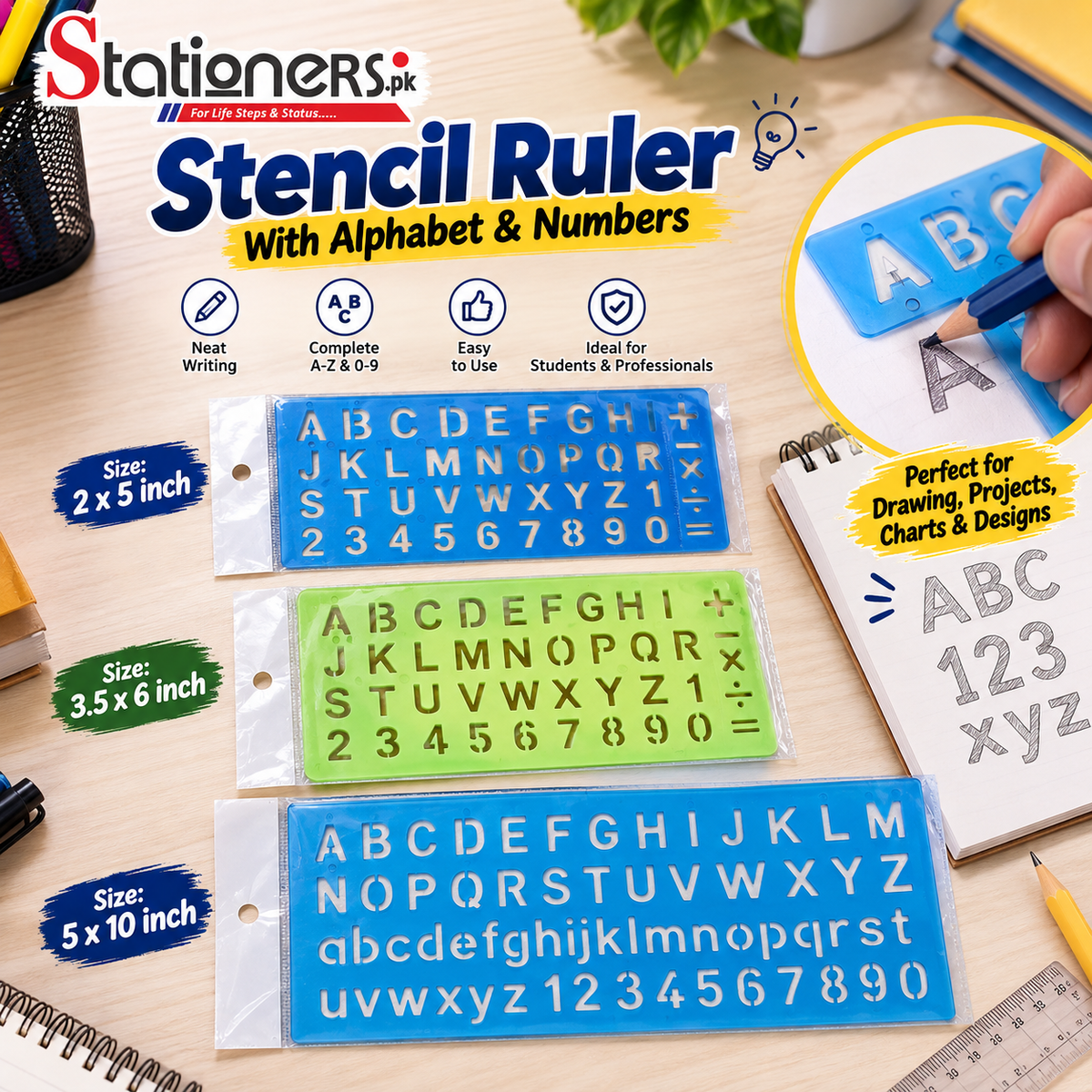 Stencil Ruler With Alphabet & Numbers – Letter, Number & Symbol Template for Drawing, Writing and School Projects