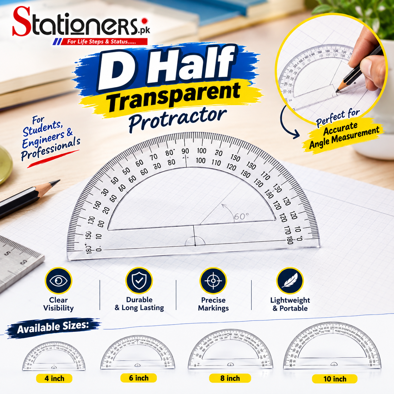 D Half Transparent Protractor – 180° Geometry Angle Measuring Scale, A