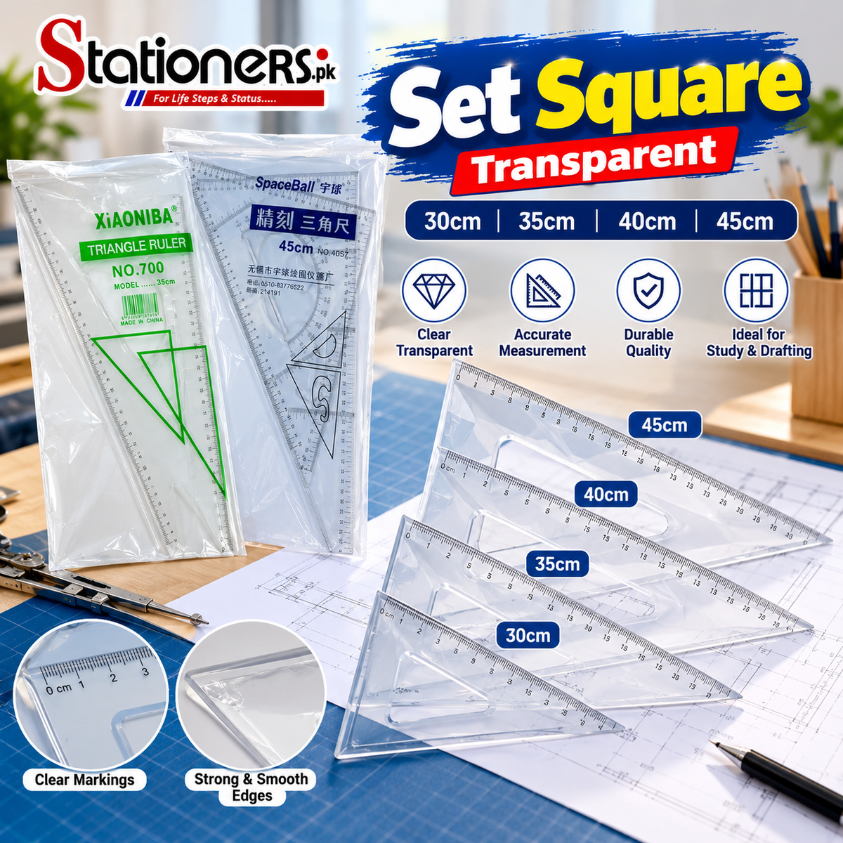 Transparent Set Square Ruler 30cm, 35cm, 40cm & 45cm – Triangle Scale for Geometry, Technical Drawing & Drafting
