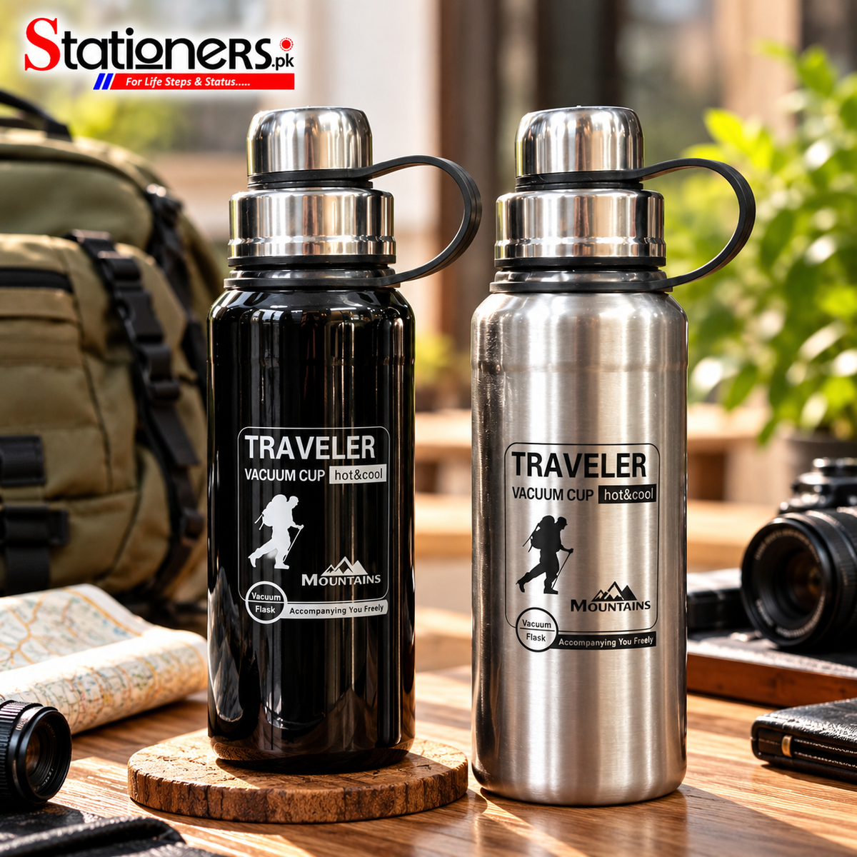 Traveler Mountains Stainless Steel Vacuum Flask – Hot & Cold Water Bottle with Carry Handle