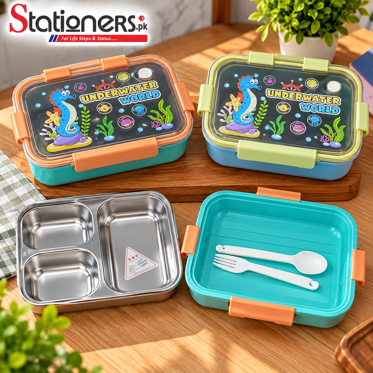 Kids Stainless Steel Lunch Box with 3 Compartments, Cartoon Design & Spoon-Fork Set