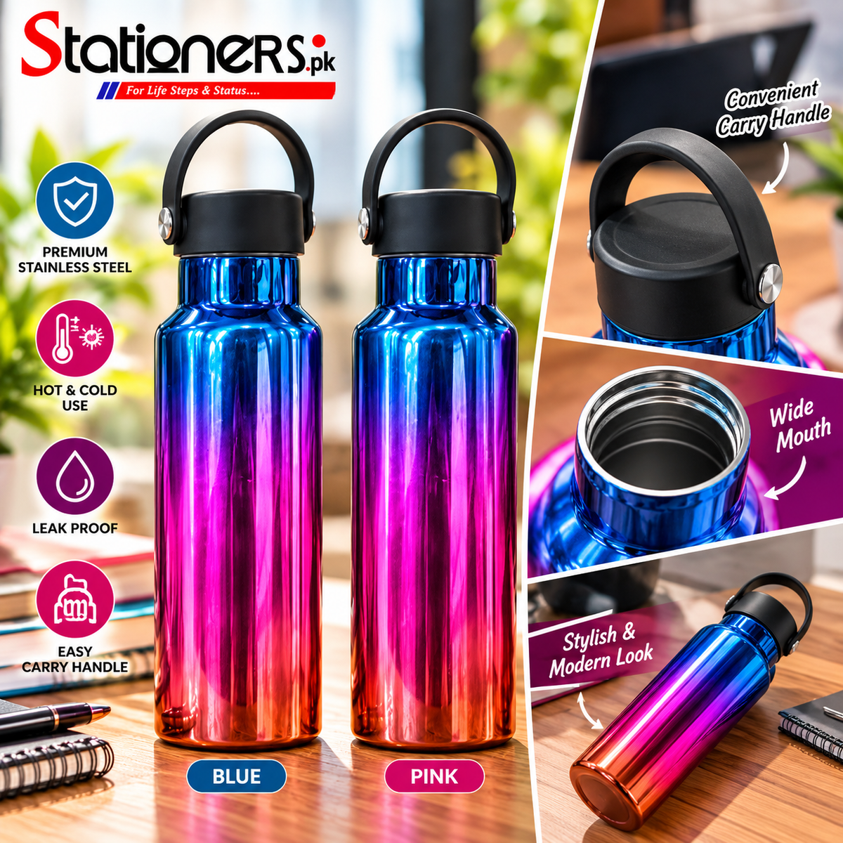 Gradient Stainless Steel Water Bottle with Carry Handle – Blue Pink Shade