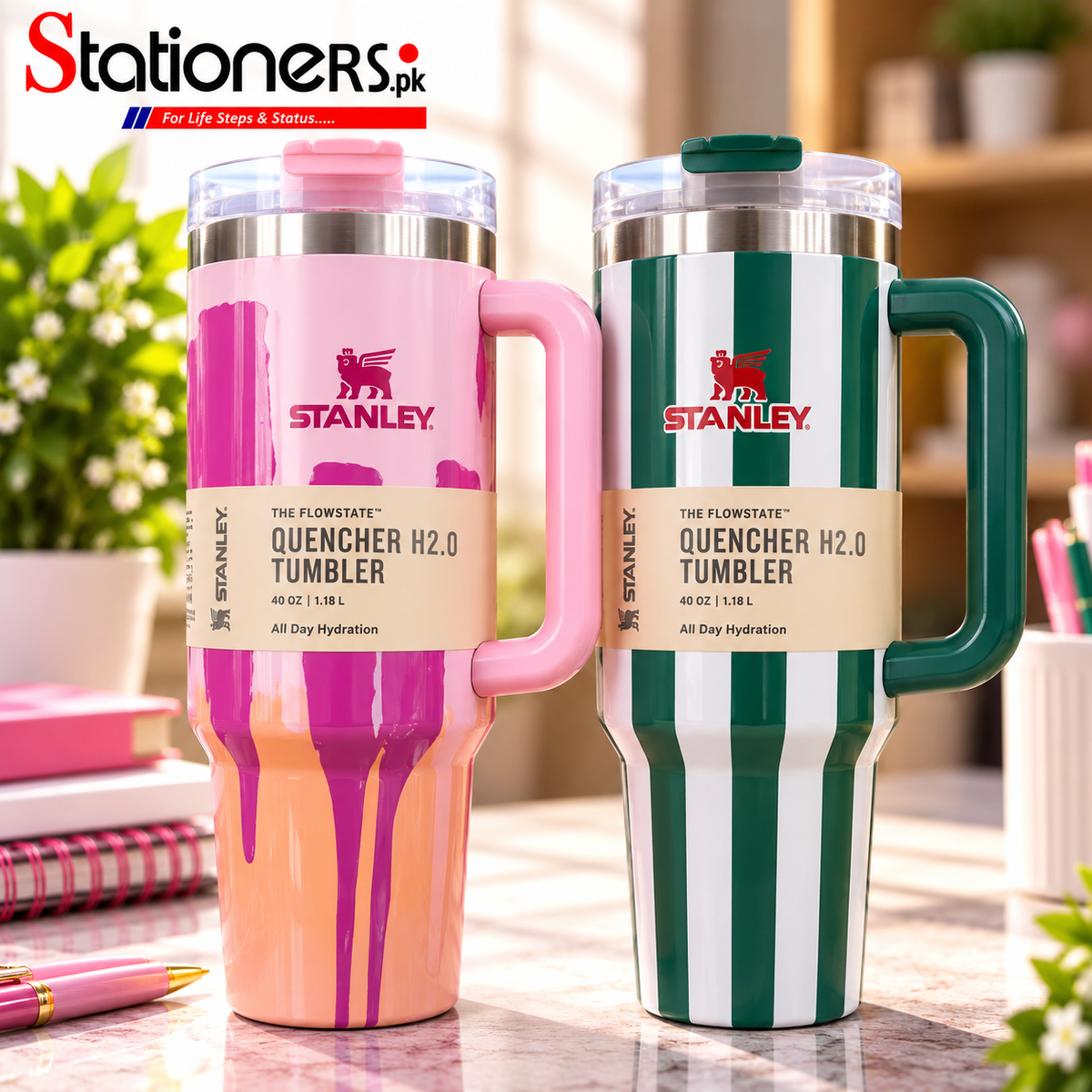 Stanley Quencher H2.0 Tumbler 40oz (1.18L) – Pink Drip & Green Stripe Designs