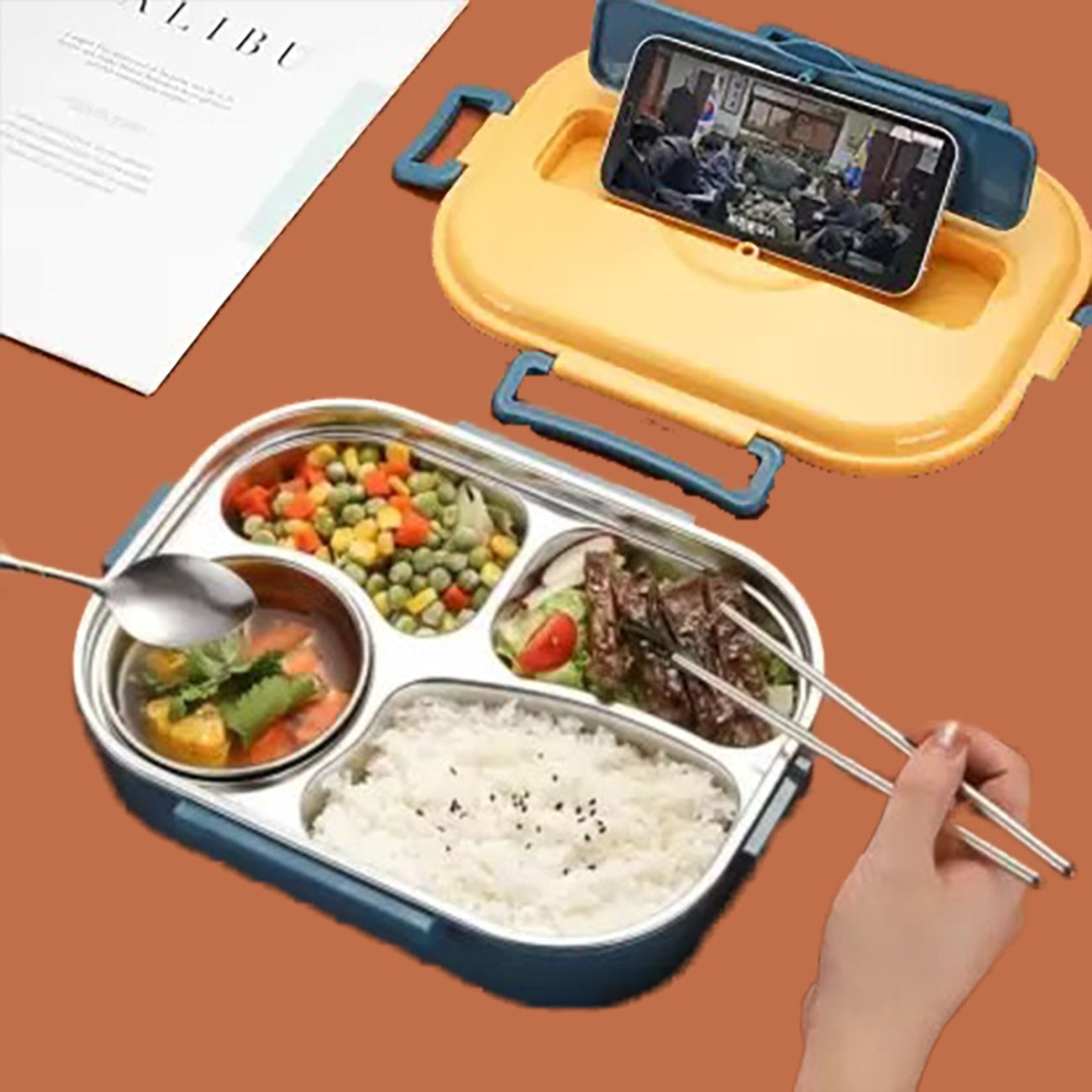 4 Compartment Stainless Steel Lunch Box with Spoon & Chopsticks