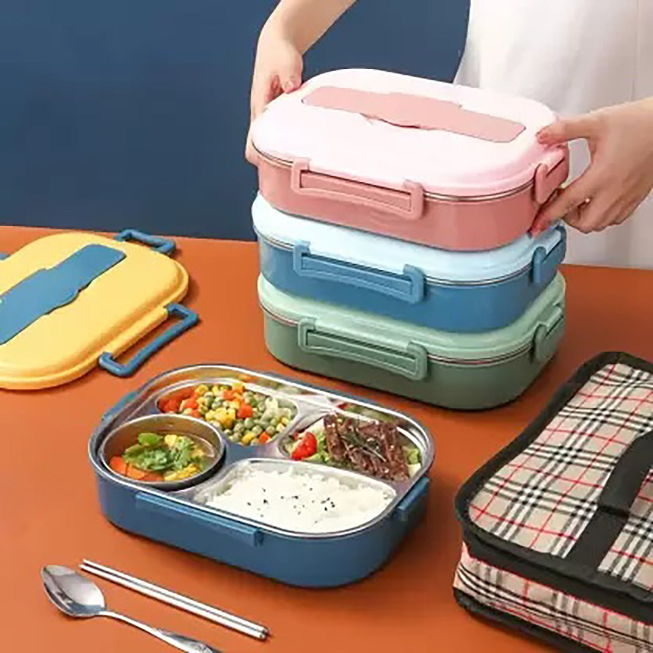 4 Compartment Stainless Steel Lunch Box with Spoon & Chopsticks