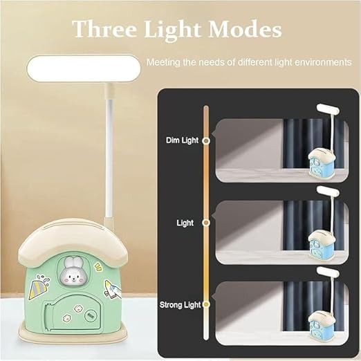 "3-in-1 Rechargeable LED Desk Lamp with Pen Holder & Piggy Bank, House-Shaped, Dimmable, Flexible 360° Hose Table Lamp for Kids"