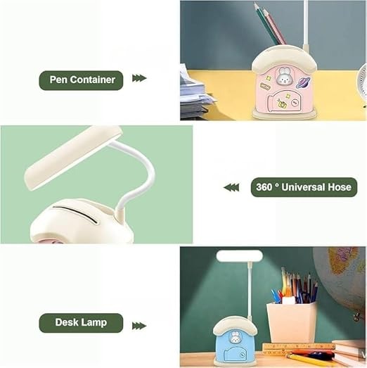 "3-in-1 Rechargeable LED Desk Lamp with Pen Holder & Piggy Bank, House-Shaped, Dimmable, Flexible 360° Hose Table Lamp for Kids"